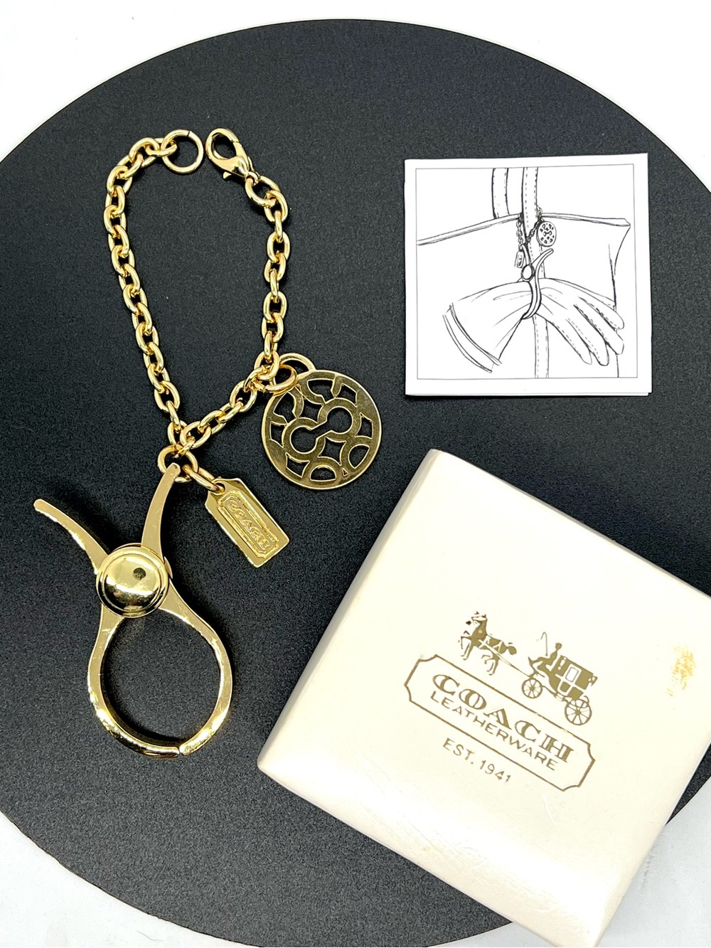 Vintage Coach Op Art Gold Tone Glove Holder Bag Charm Keychain w Box - Picture 12 of 12